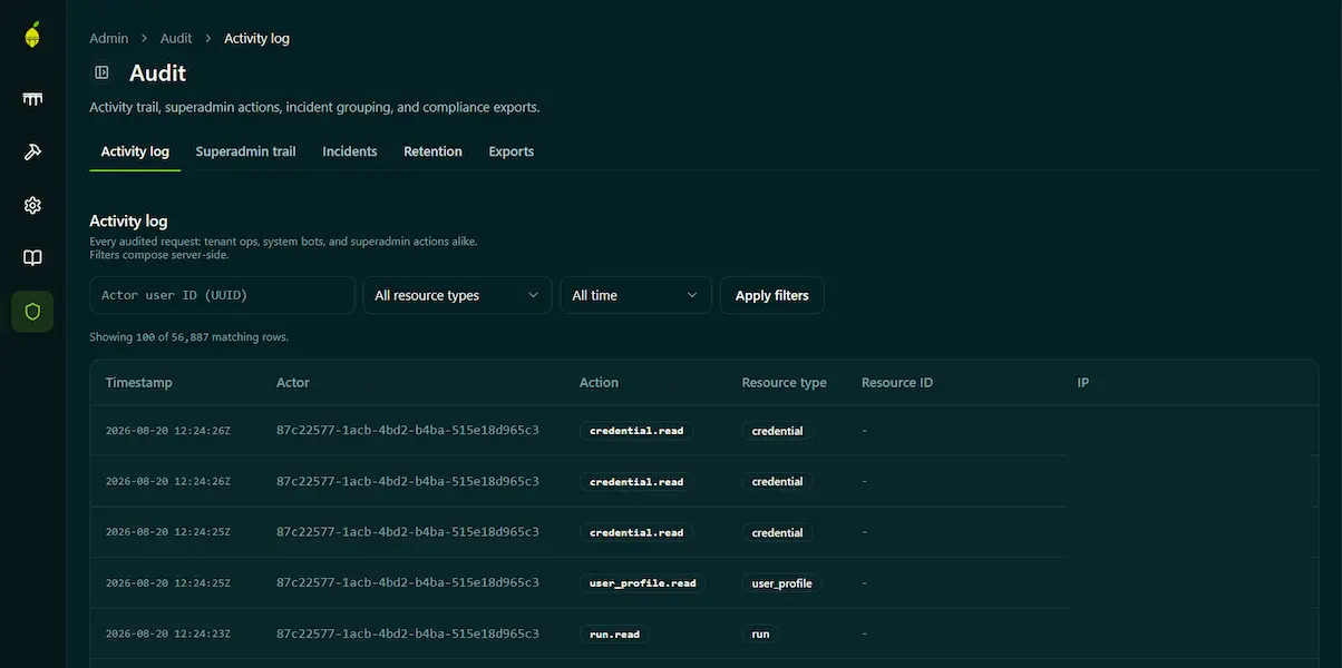 LemonBridge audit log showing a filterable activity trail of tenant, system, and superadmin actions with timestamps and resource details